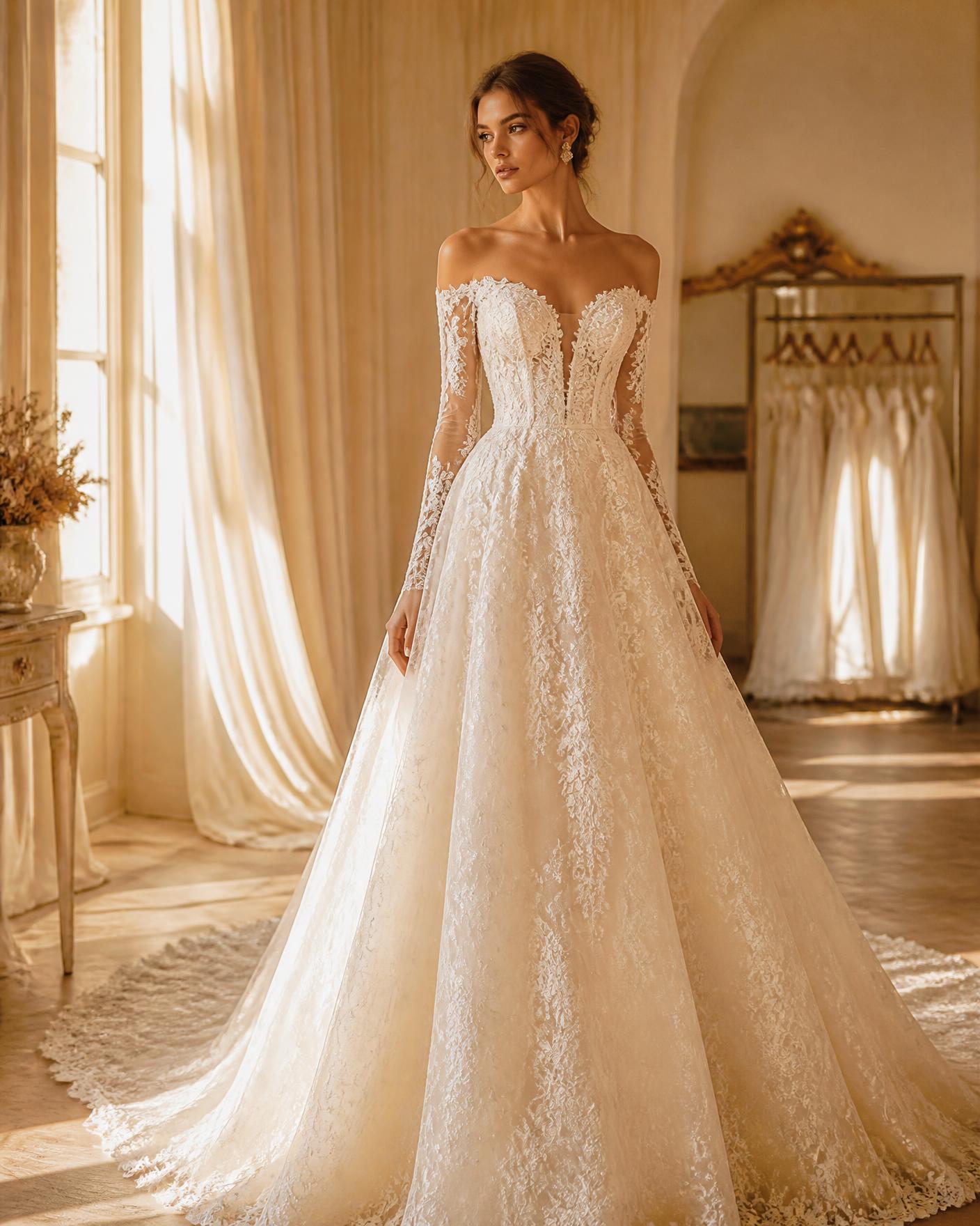 Novia con vestido de encaje marfil en el atelier Manu Novias